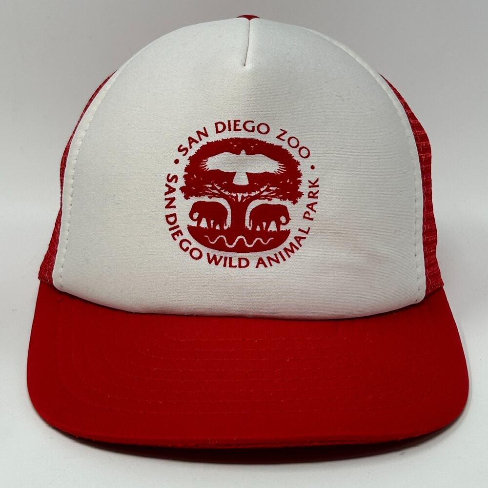 Vintage 80s San Diego Zoo Trucker Hat Baseball Cap Wild Animal Park Snapback Red